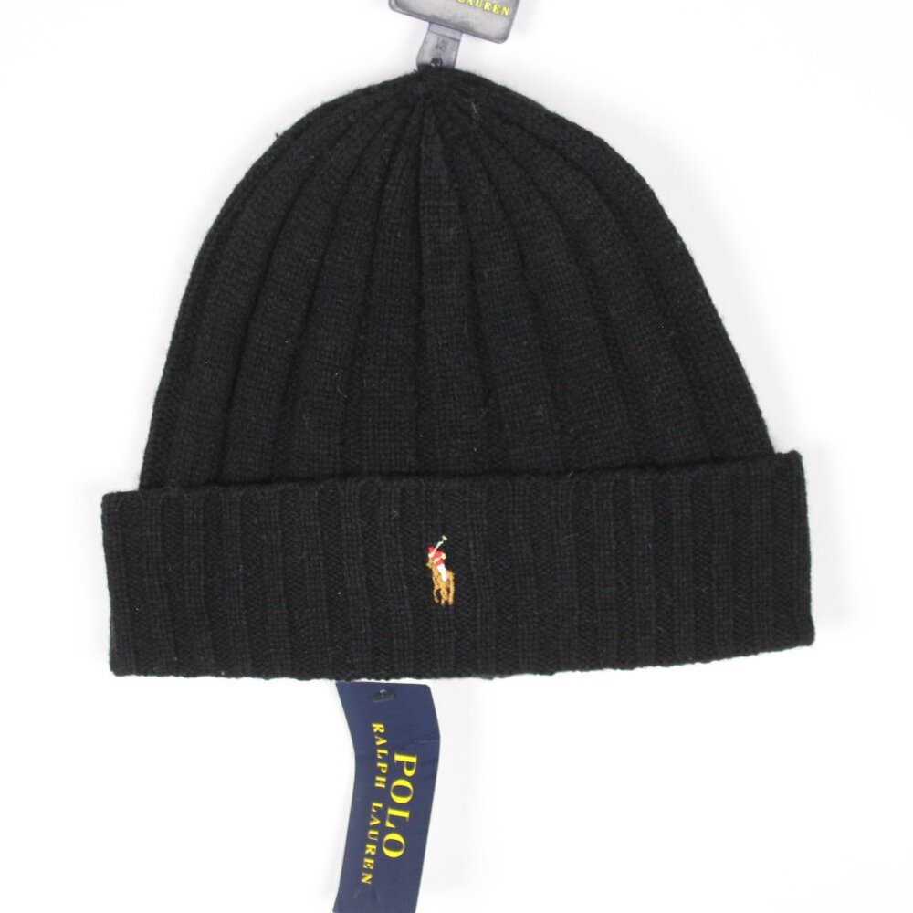 Polo Ralph Lauren Men's Cuffed Beanie Wool Blend Snow Winter Black Multi Pony